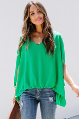Green Draped Dolman Sleeves V Neck Blouse
