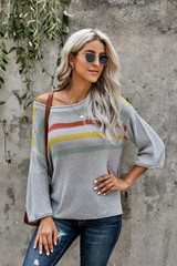 Multicolor Stripes Print Gray Knit Top Multicolor Stripes Print Gray Knit Top