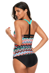 Coral Blue Zigzag Print Y Back Tankini Top