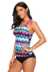 Purple Blue Zigzag Print Y Back Tankini Top