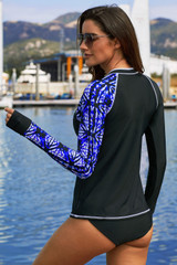 Purple Asymmetric Print Detail Rashguard Swim Top
