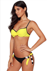 Yellow Wrinkled Bra Striped Bikini Bottom Swimsuit