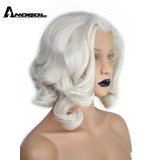 Anogol Short Body Wave Bob White Blonde Free Part Wave High Temperature Fiber Synthetic Hair Lace Front Wigs For Drag Queen