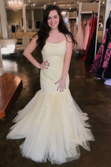 yellow long prom dresses, mermaid lace prom gowns, formal prom dresses for teens P01260