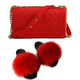 SIZE 6 - Fluffy Fur Slippers & Jelly Crossbody Bag Set