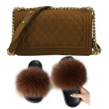 SIZE 6 - Fluffy Fur Slippers & Jelly Crossbody Bag Set