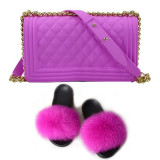 SIZE 6 - Fluffy Fur Slippers & Jelly Crossbody Bag Set