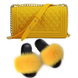 SIZE 7 - Fluffy Fur Slippers & Jelly Crossbody Bag Set
