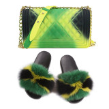 SIZE 7 - Fluffy Fur Slippers & Jelly Crossbody Bag Set