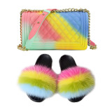 SIZE 7 - Fluffy Fur Slippers & Jelly Crossbody Bag Set