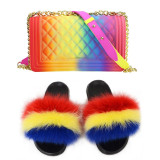 SIZE 7 - Fluffy Fur Slippers & Jelly Crossbody Bag Set