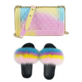 SIZE 7 - Fluffy Fur Slippers & Jelly Crossbody Bag Set