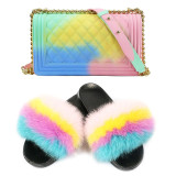 SIZE 7 - Fluffy Fur Slippers & Jelly Crossbody Bag Set