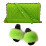 SIZE 7 - Fluffy Fur Slippers & Jelly Crossbody Bag Set