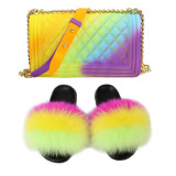SIZE 7 - Fluffy Fur Slippers & Jelly Crossbody Bag Set