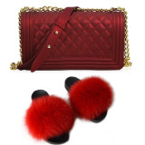 SIZE 10 - Fluffy Fur Slippers & Jelly Crossbody Bag Set