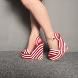 Nice Platform Peep Toe Wedges Sandals Red&White Stripes Woman US Plus Size 5-15