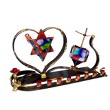 Heart Wedding Glass Keepsake Menorah And Dreidel By Gary Rosenthal In Blue,multi-Colored,black,red,green,dark Red,gold Size: 4.5 L X 13 W X 6 H