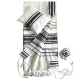 Wool Tallit - White with Black Stripes & Silver