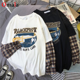 Long Sleeve Plaid Patchwork Simple Oversized Graphic T-Shirts for Women