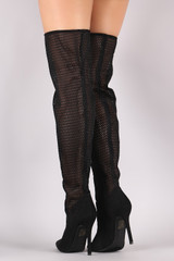 Suede Pointy Toe Mesh Contrast OTK Stiletto Boots
