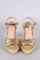 Metallic Patent Crisscross Espadrille Platform Wedge