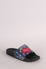 Distressed Denim Embroidered Floral Slide Sandal