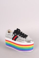 Rainbow Stripe Lace Up Flatform Sneaker