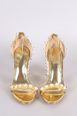 Metallic Patent Pearl Embellished Open Toe Ankle Strap Chunky Heel