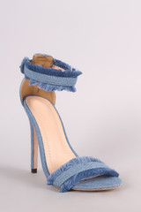Frayed Denim Open Toe Ankle Strap Single Sole Stiletto Heel
