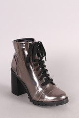Qupid Patent Chunky Heeled Combat Lace-Up Ankle Boots