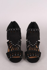 Qupid Suede Studded Peep Toe Cutout Chunky Heeled Booties