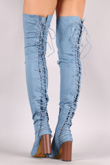 Denim Slit Knee Back Corset Chunky Heeled Over-The-Knee Boots