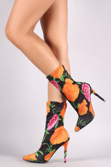 Anne Michelle Fitted Vibrant Floral Elastane Pointy Toe Stiletto Booties