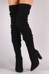 Bamboo Suede Slouchy Pointy Toe Chunky Heeled OTK Boots