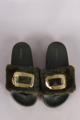 Bamboo Hardware Embellished Fur Chain Slide Sandal