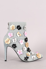 Floral Applique Denim Pointy Toe Booties
