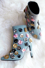 Floral Applique Denim Pointy Toe Booties