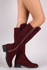 Suede Buckled Zipper Trim Riding Knee High Boots Suede Buckled Zipper Trim Riding Knee High Boots