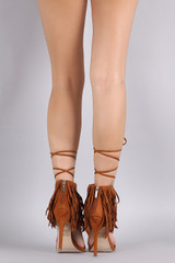 Breckelle Fringe Cuff Lace Up Open Toe Stiletto Heel
