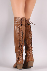 Back Corset Lace Up Chunky Heeled Over-The-Knee Boots
