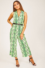 Green Button-Up Snake Print Jumpsuit