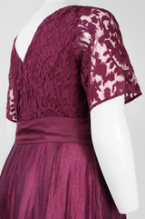 Adrianna Papell Crew Neck V-Back Zipper Back Bow Waist Lace Bodice