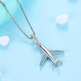 925 Sterling & "Blue" Crystal Silver Airplane Shape Necklace (Top Quality)