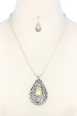 Two Tone Filigree Teardrop Shape Pendant Necklace