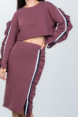 Ladies fashion contrast striped and ruffle midi sweat skirt