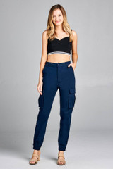 Ladies fashion waist button elastic hem w/snap button cargo pants
