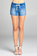 Ladies fashion drawstring detail denim short pants