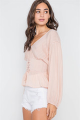 Blush Long Sleeve Lace Up Surplice Neck top