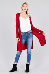 Ladies fashion long sleeve open front side slit tunic length rayon spandex rib cardigan
